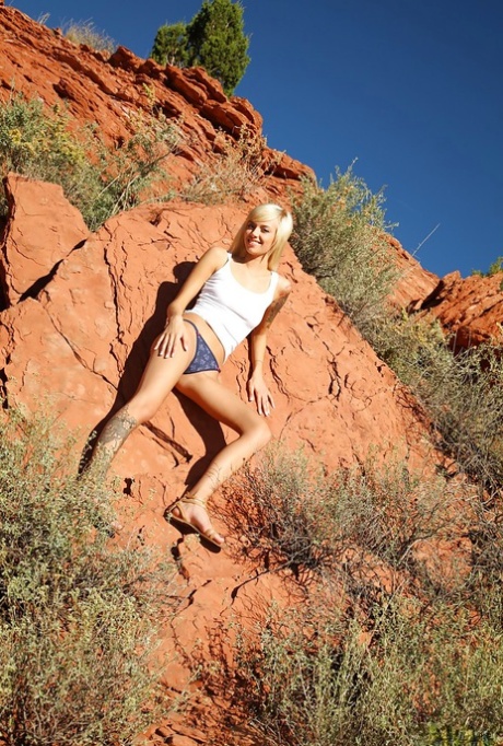 La elegante rubia Emma Mae se quita la blusa y las bragas al aire libre