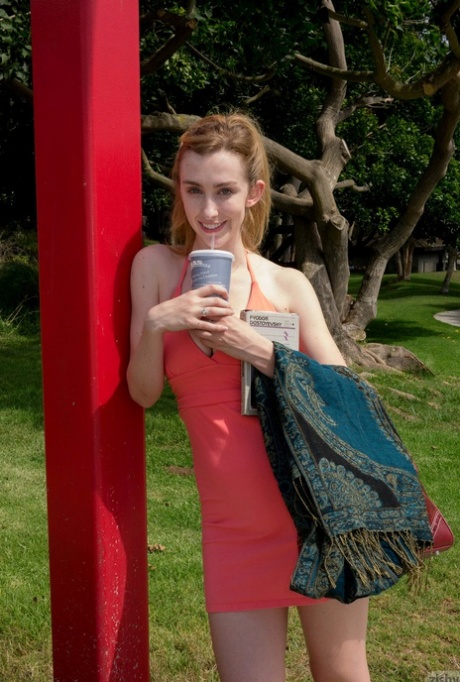 Slutty teen in a skimpy red dress Phoebe Keller giving an upskirt in public