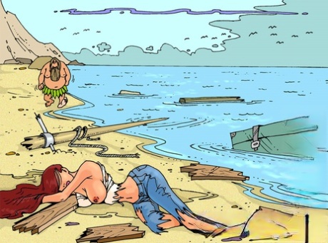 Kreslená zrzavá transka se nechá na opuštěném ostrově přepadnout vousatým chlapem