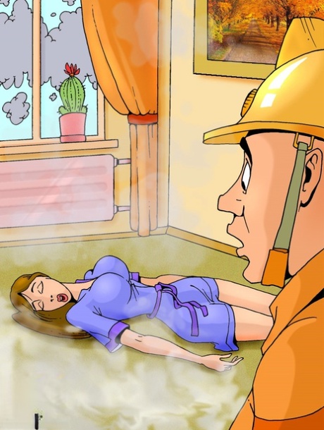 Animierte Shemale mit großen Tüten wird von einem perversen Feuerwehrmann gerettet und gefickt