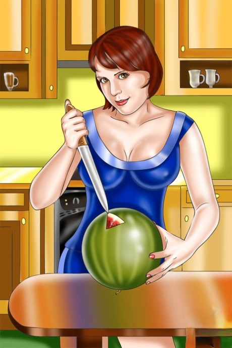 Rothaarige Transe MILF steckt ihren Schwanz in eine Wassermelone vor dem Sex mit einem Rotschopf