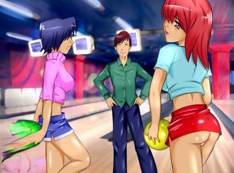 Transsexuais cartoon com malabarismos simpáticos fodem um gajo depois de um jogo de bowling