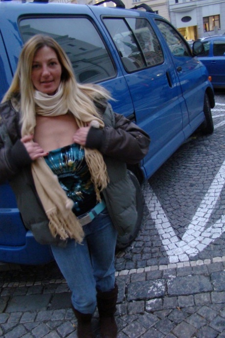 Amateur MILF Vanessa Lovely showing off her natural tits in public