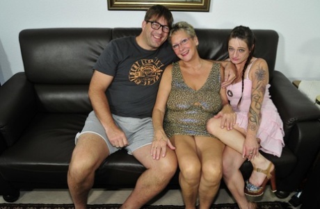 Fat dad & old mom with strapon fuck the pigtailed babysitter in hot three