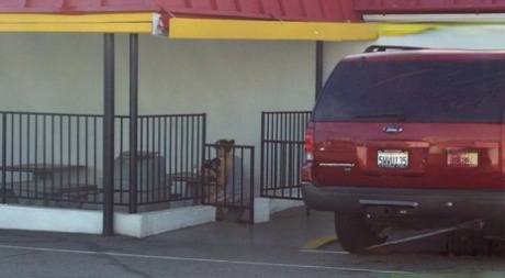 Brunette woman gets her shorts dropped in public parking lot violation