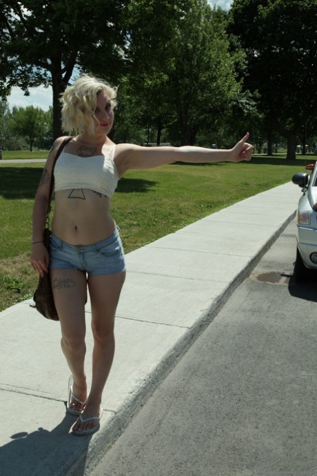 Похотливую татуированную блондинку Вайолет Револьвер трахают на открытом воздухе и кончают ей на лицо