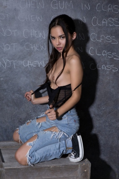 Short brunette Dominique Gabrielle gets naked & poses nude in the classroom