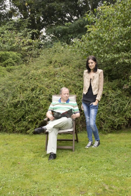 Young Hungarian brunette Meg Magic tempts old man into fucking in green park