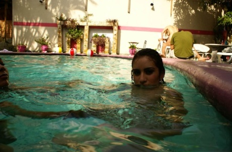 Spanish brown haired chick Samantha Cruz enjoying her pool time in nude