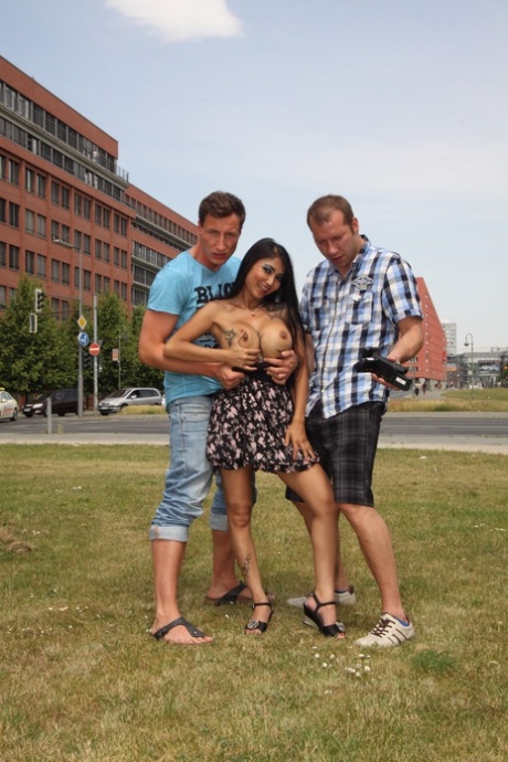 Naughty German beauty Kimstad finds two voyeurs for a 3some under the bridge