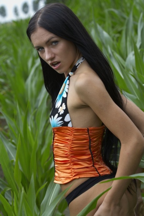 Dark haired girl Sasha Rose models naked in corn field and an orchard