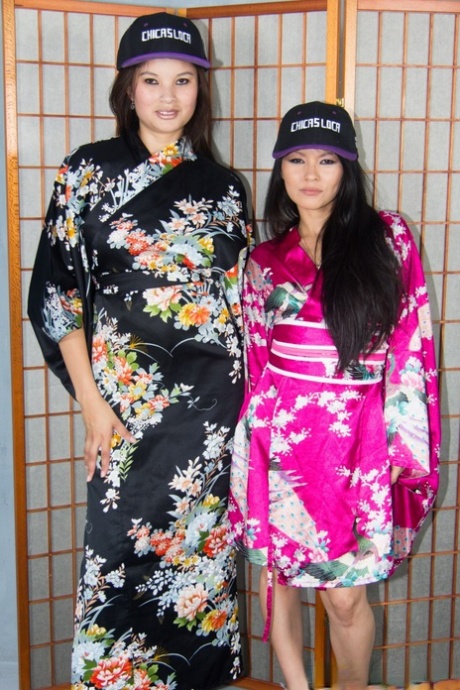 Asian lookers Miyuki Son & Lady Mae licking natural tits in satin robes