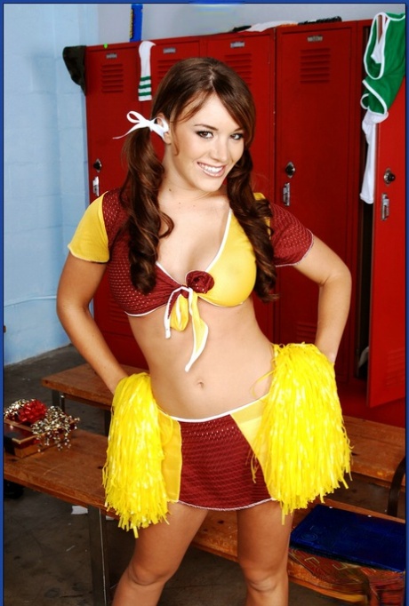 Brunette cheerleader Jaclyn Case flaunts her juggs and rides a massive cock