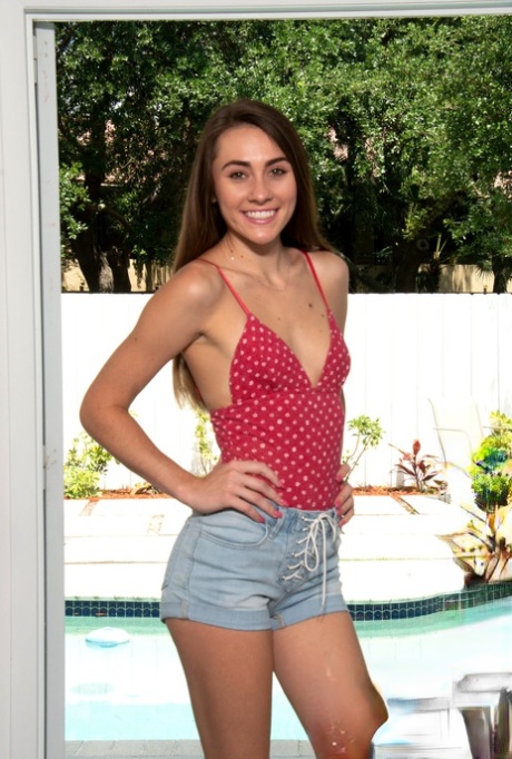 Slim brunette teen Mackenzie Mace unveils her body and rides a dildo