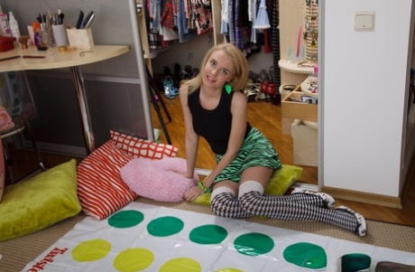 Skinny teen Ema gets her mouth & pussy nailed during a game of Twister
