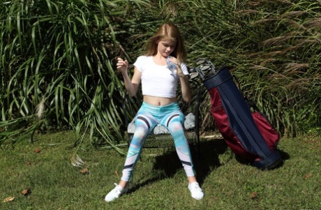 Skinny amateur Hannah Hays exposes her shaved cunt & sticks a golf club in it