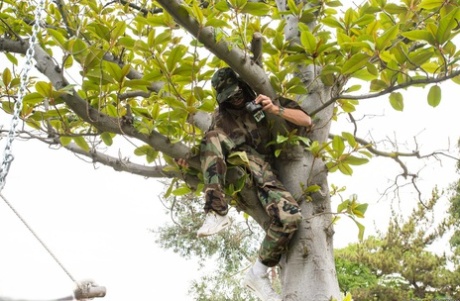 Squirting brunette Casey Calvert getting ass fucked by soldier on the swing