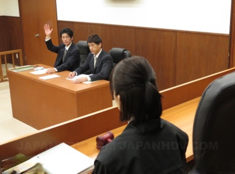 Small boobed Japanese brunettes get stripped and fucked in a courtroom