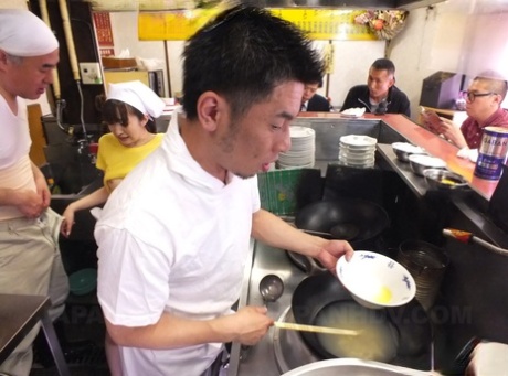 Japanese waitress Mimi Asuka gets fucked by chefs at the restaurant