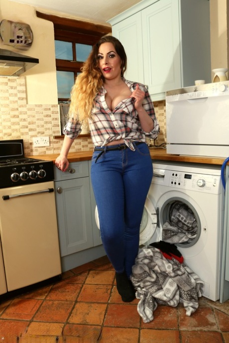 A MILF quente Sophia Delane expõe as suas mamas grandes e a sua rata saborosa na cozinha