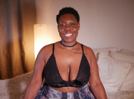 Amateur ebony with short hair Asia Drake flaunts her big tits and big cleavage