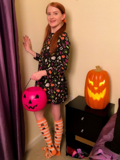 Fearless ginger teen Krystal Orchid masturbates on Halloween night