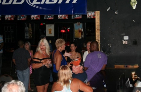 Mulheres amadoras sensuais mostram as suas mamas fantásticas num encontro num bar durante toda a noite