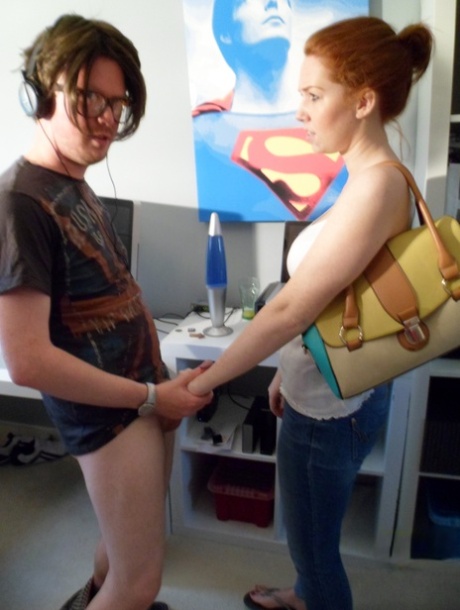 Ginger teen amateur seduces a horny nerd and sucks his stiff dick