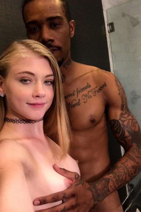 Little teen Hannah Hays feeds her mouth and pussy with a large black dick