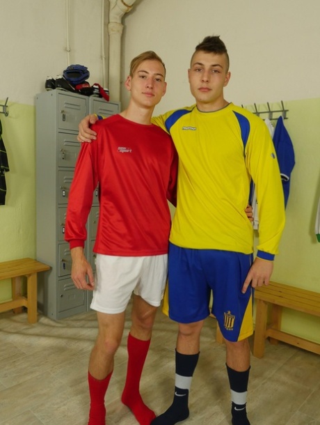 Gay soccer players Caspar Juarsson & Randall White kiss before locker room sex