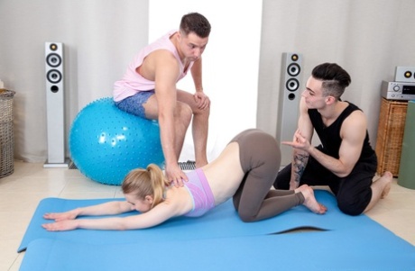 Russian teen Light Fairy gets stripped and double fucked on a yoga mat