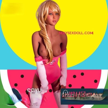 Golden-haired sex doll Eiza takes her pink swimsuit off and shows her boobs