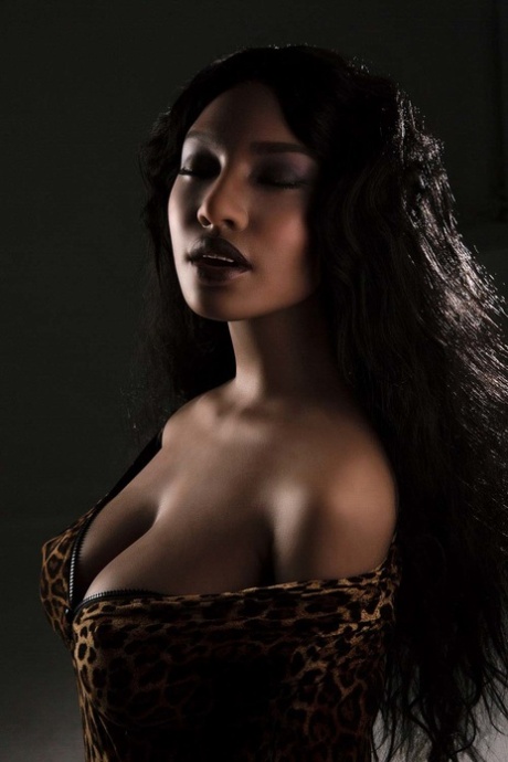 Preciosa muñeca sexual morena muestra sus jugosas tetas en lencería animal print