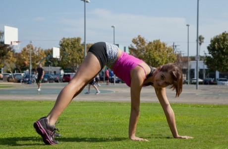 Teen girlfriend Sara Luvv exposes her tiny butt and slim figure in public