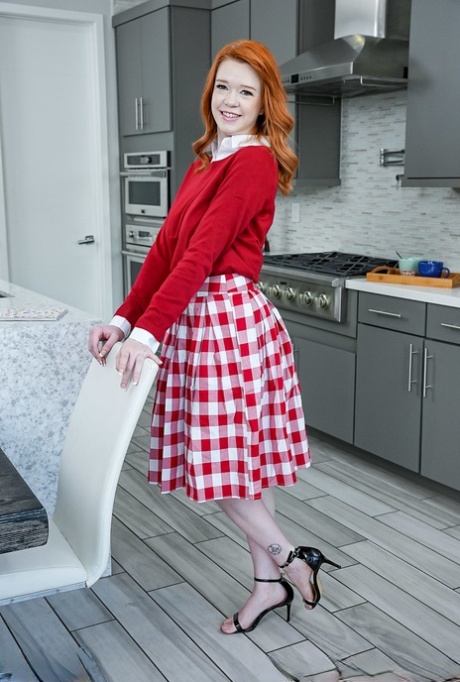 Ariel Darling, rousse, se fait analyser par un étalon noir dans la cuisine.