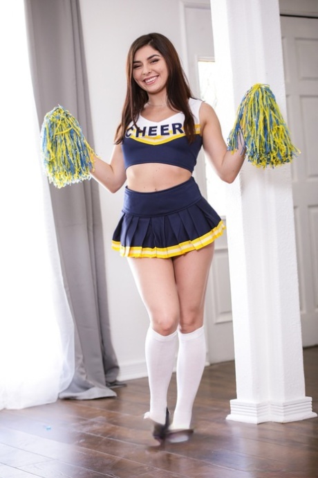 Short cheerleader strips off her sexy uniform and fucks a huge black boner