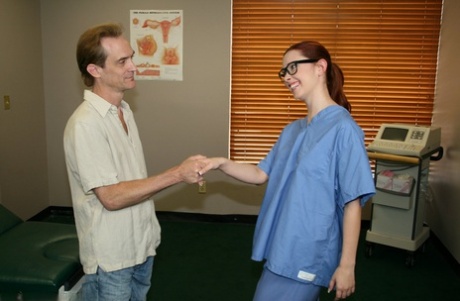 Nerdy nurse Melody Jordan strips her uniform & gives her patient a hot handjob