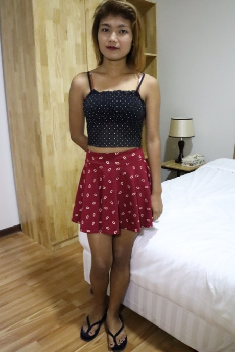 Little Asian mom July strips, poses naked and gets her hairy pussy dicked