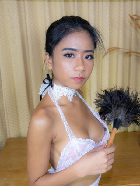 Little Asian maid Som shows her boobs & holes while cleaning the furniture