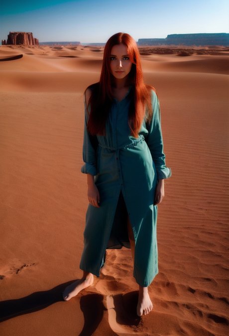 Den slanke, rødhårede modellen Redhead Panter poserer alene og naken i ørkenen.