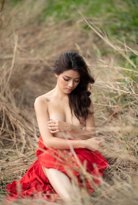 Impresionante modelo asiática posando con un elegante vestido y en topless en un solo