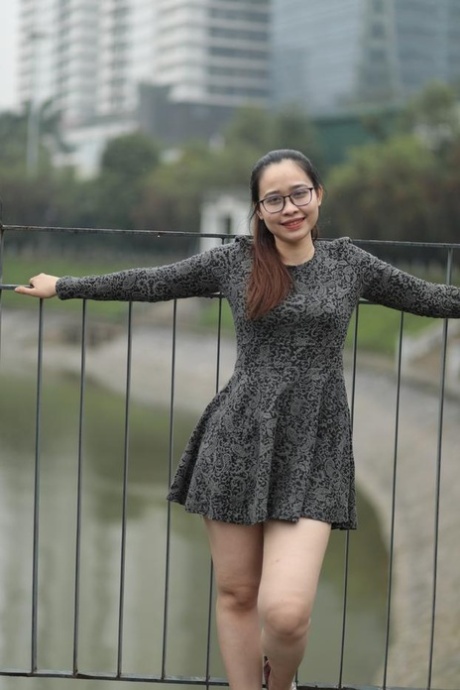 Breathtaking Asian babe with glasses Katrina posing in her dress in public