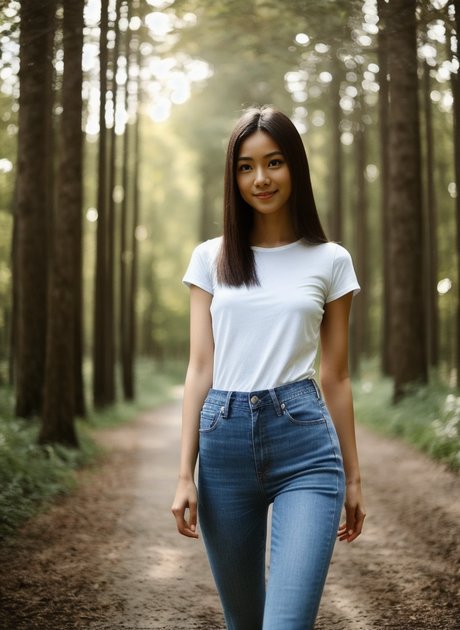 Mira Delta, nena de pelo negro generada por IA, caminando en la naturaleza completamente desnuda