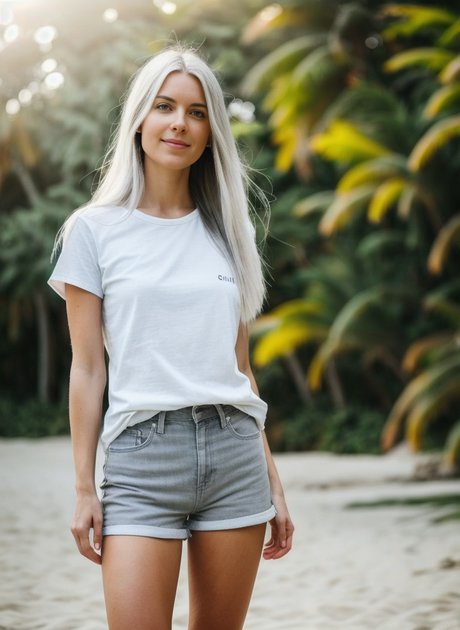 De kleine AI gegenereerde babe Lisa Faina showt haar kleine tieten op het strand