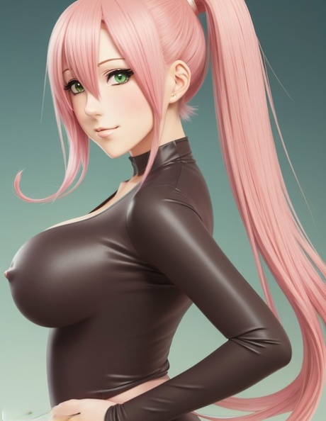 Vacker Hentai-modell visar upp sin lilla kropp och sina stora bröst