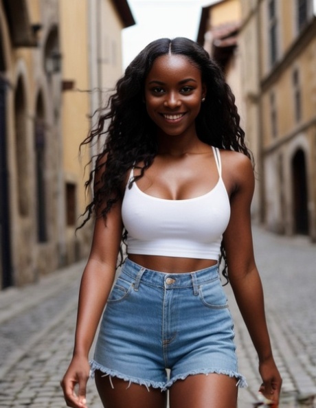 AI gegenereerde ebony babe Black Queen toont haar perfecte naakte lichaam buiten