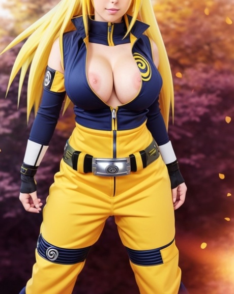 Blonde AI generated comic book hero Lana Narutova flaunts her huge juggs