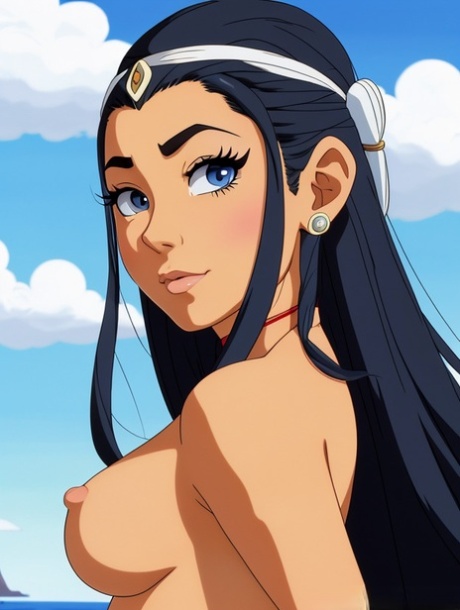 Langhaariges Anime-Babe mit blauen Augen Katara posiert nackt im Meer