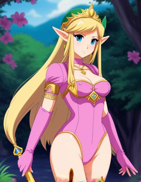 Saucy anime beauty Princess Zelda teasing with her perky boobs in a solo