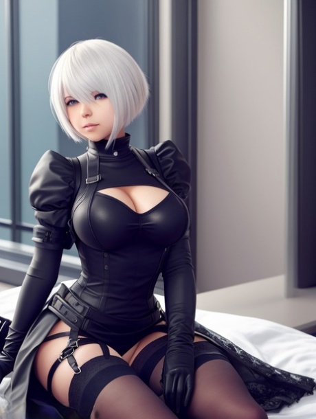 Kurvet Hentai-babe Yorha 2b viser sine smukke bryster og sin store røv frem